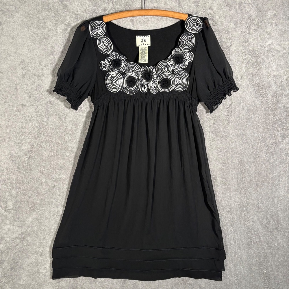 iCE Black Empire Waist Babydoll Mini Dress Applique Smocked Puff Sleeve Size 10